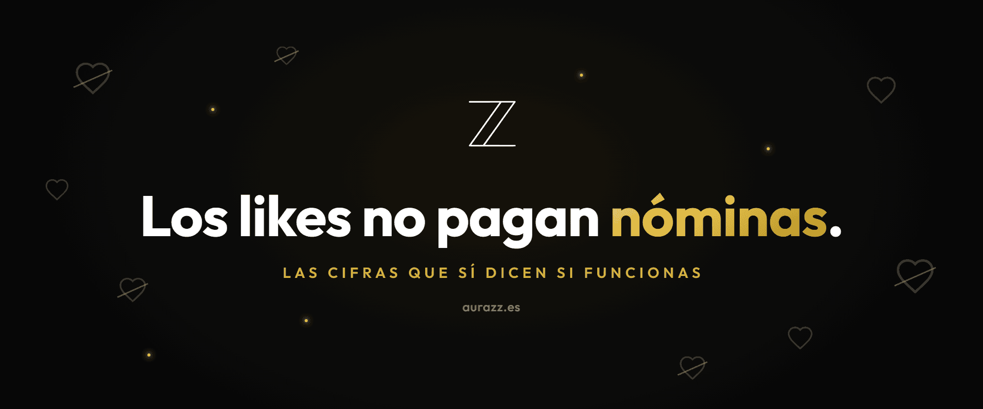 Métricas de marketing para pymes: composición sobre fondo negro con destellos dorados; a la izquierda, iconos de likes y seguidores tachados; a la derecha, tres cifras destacadas en dorado que representan contactos, coste por contacto y ventas.